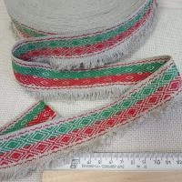 Тесьма жаккардовая, лен,крас,зеленый, 45мм