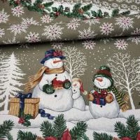 Ткань Рогожка  Снеговики на  бежевом